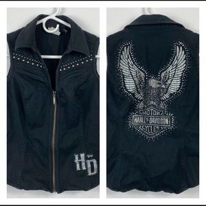 Harley Davidson Womens Size Small Black Graphic Sleeveless Riding Vest Zip Up